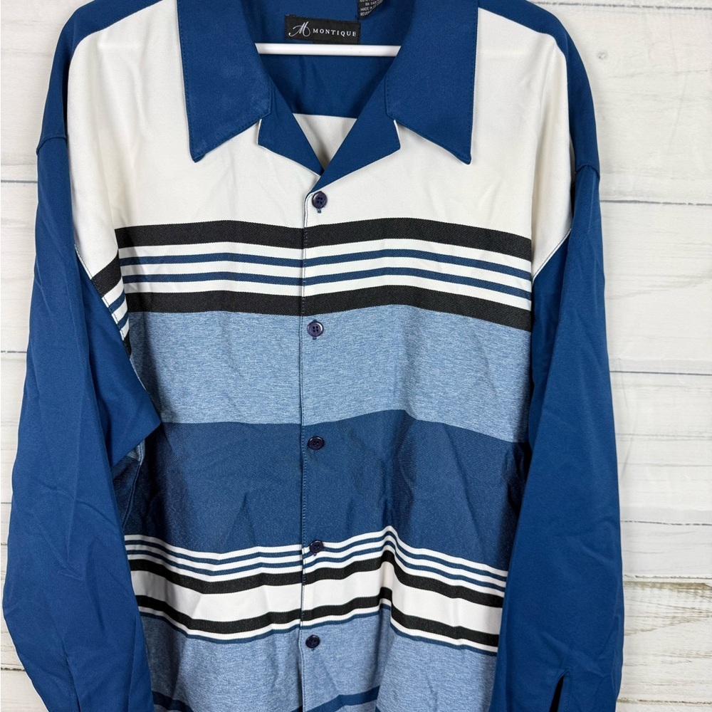 Montique  Blue and White Button Down Shirt with Sporty Stripes
